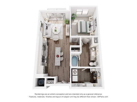 Floor plan for 1 bed, 1 bath, 722 sqft